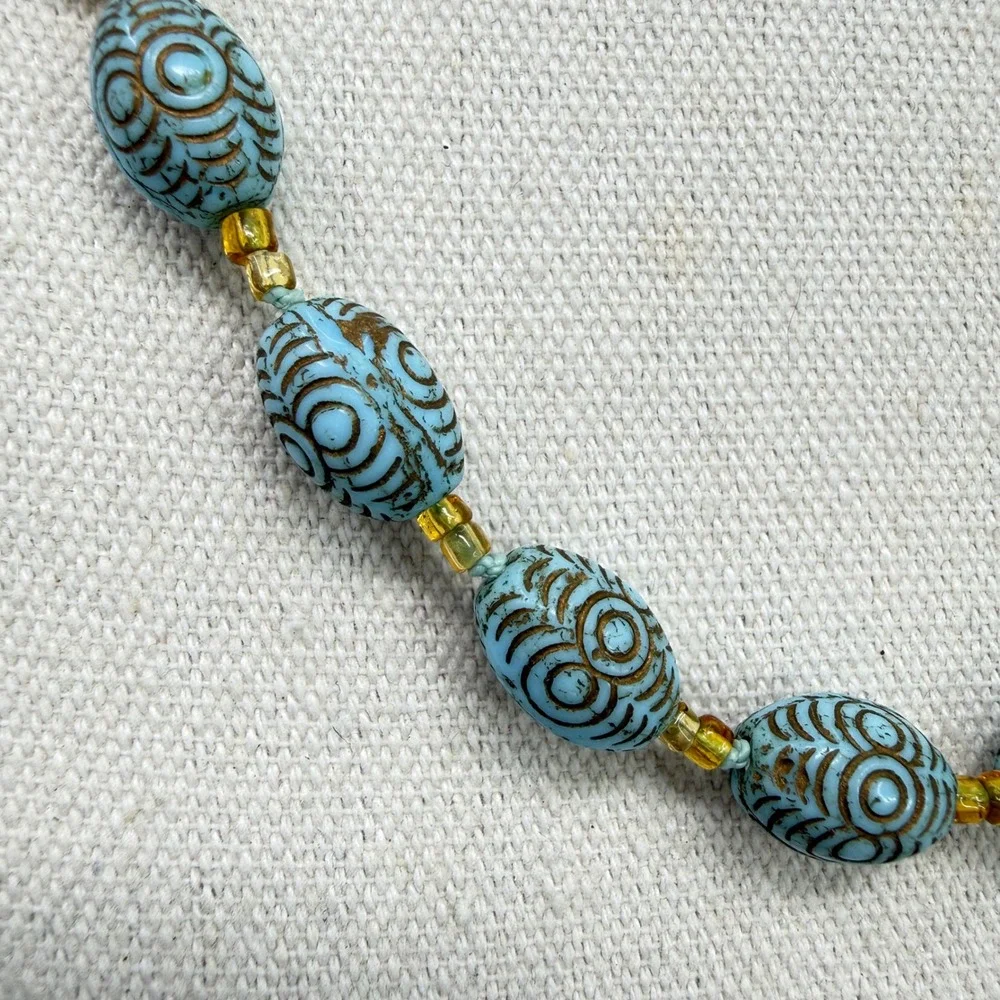 Vintage Egyptian‎ Revival Faience Ceramic Bead Gold Scarab Necklace